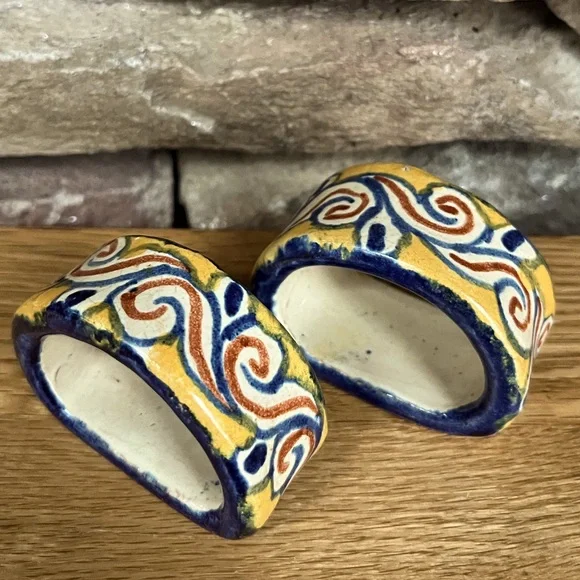 Vintage Dining 2 Vtg Mexican Napkin Rings Pottery Redware